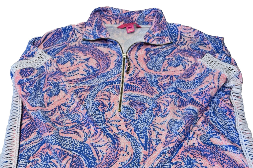 Lilly Pulitzer Skipper Popover Womens XS Turtle Lace Crochet 1/4 Zip Pullover
